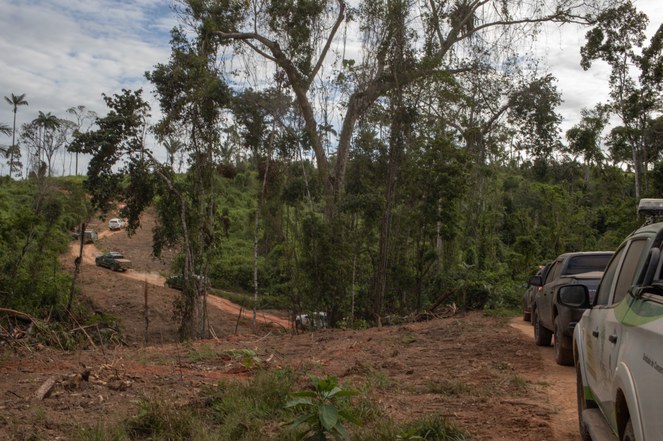 Viaturas do ICMBio se deslocam por estrada de terra durante operação de combate ao garimpo ilegal em unidade de conservação no entorno da Terra Indígena Yanomami (Foto: Bruno Mancinelle | Casa de Governo)